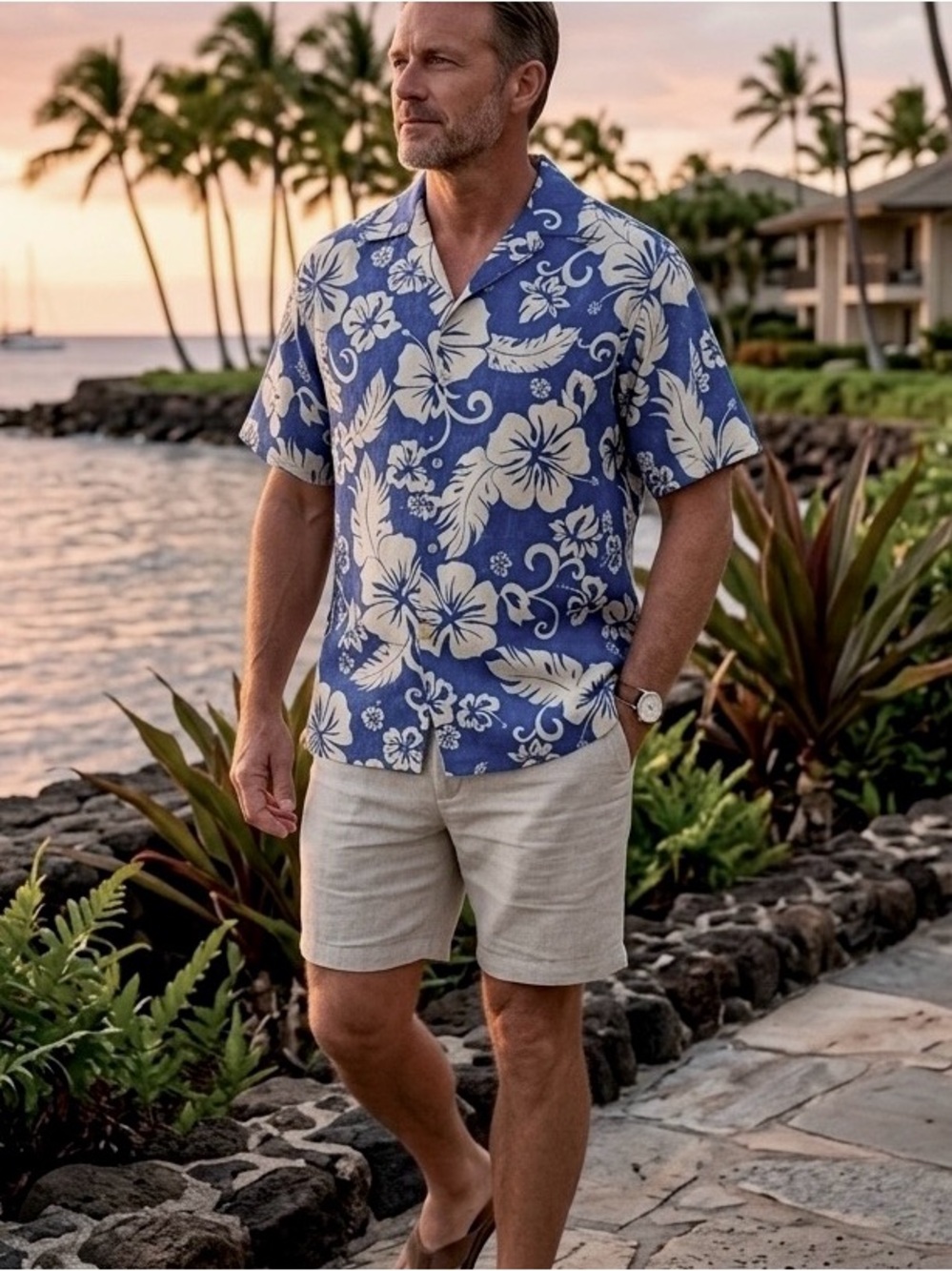 VTG Go Barefoot Hawaiian Aloha Camp Shirt Blue Hibiscus Floral USA M